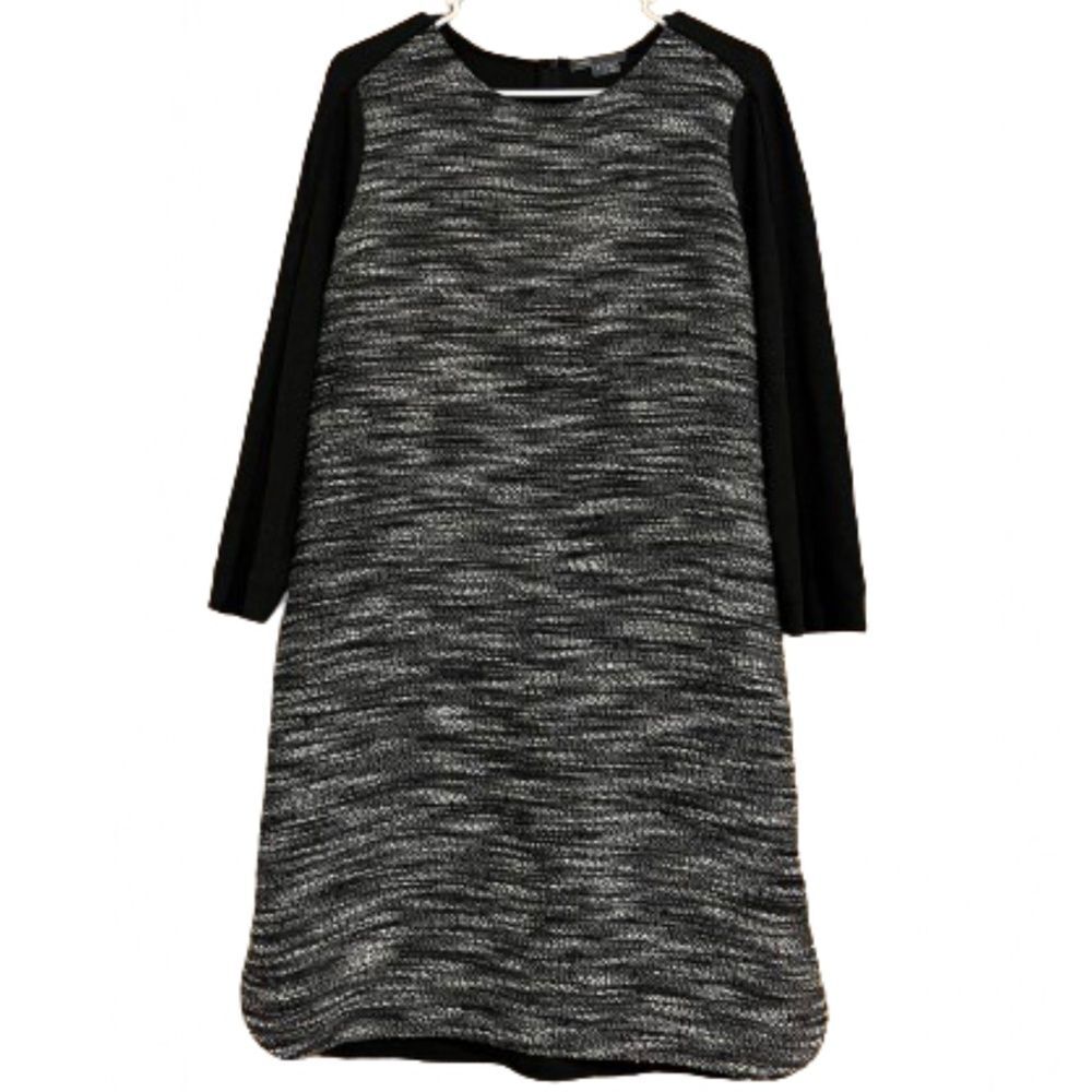 Vince Women’s Black & White Wool Blend Tweed 3/4 Sleeve Shift Dress Sz-S